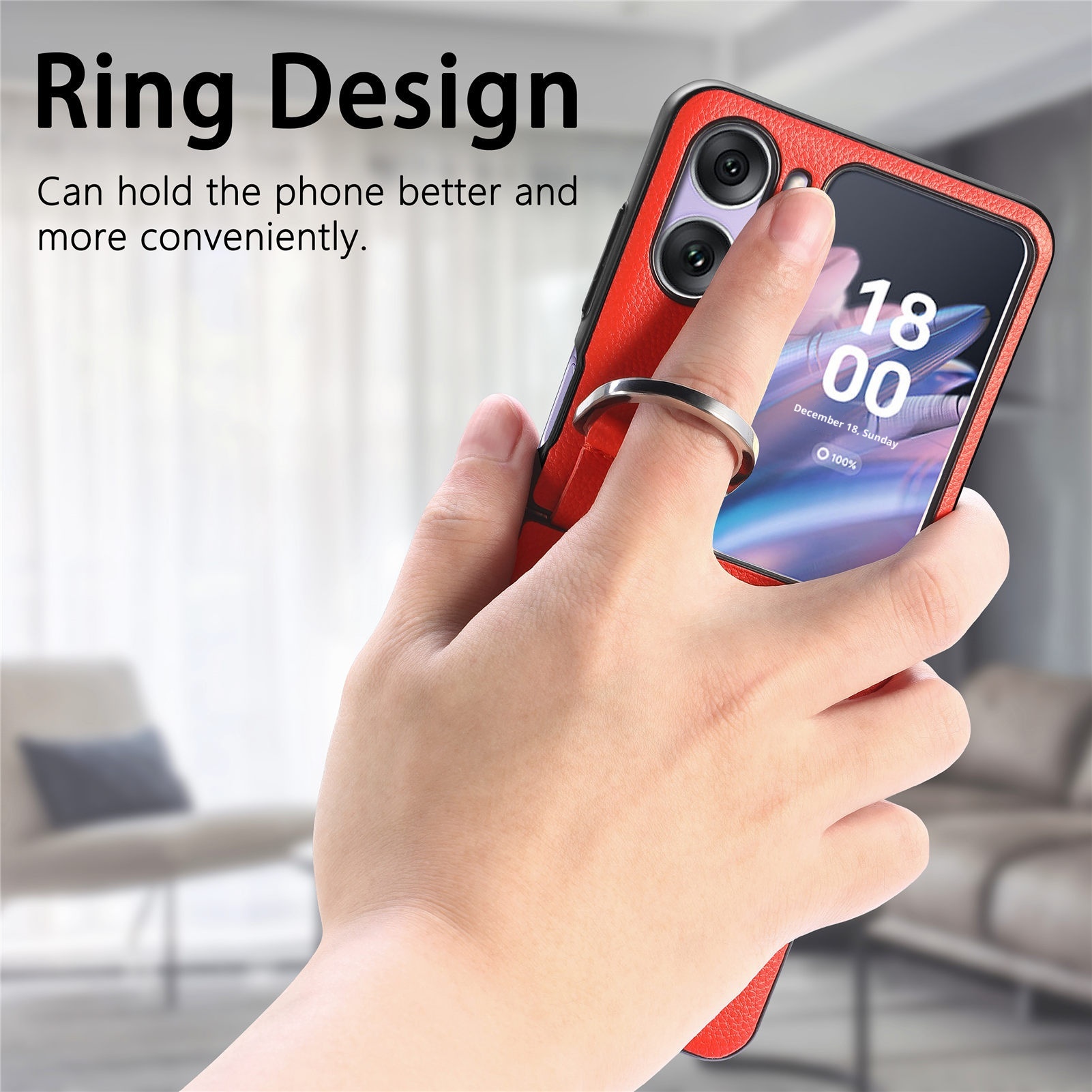 TechGlobe Compatibel met Oppo Find N3 Flip-telefoonhoesje Lychee-patroon Effen kleur Leren ringhouder Omhoog en omlaag vouwbaar scherm_voghion.com