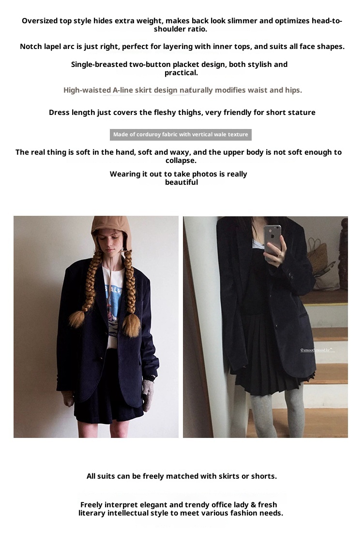 ragazza Ragazza Coreana SMO*THMO*D Retro Velluto a coste Blu Navy Blazer Elastico in Vita Gonna Set per Donna Primavera e Autunno_voghion.com