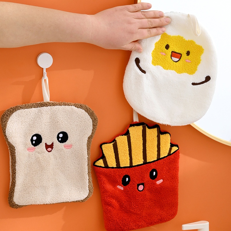 Lillian French Fries Family Hanging Hand Absorbent, Large And Thick, Odorless Coral Fleece Square Towel, Kitchen Handkerchief_voghion.com