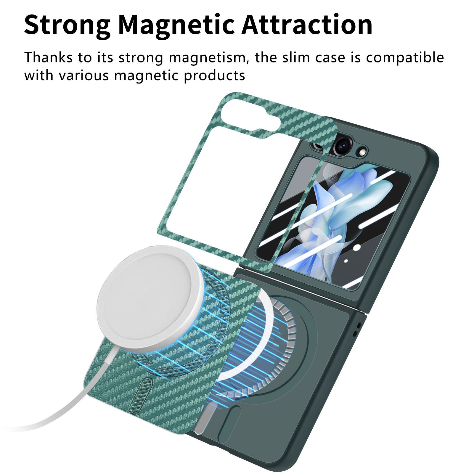 TechGlobe compatibile con Samsung ZFlip6 con motivo in fibra di carbonio, pellicola di ricarica wireless magnetica per telefono integrata, custodia ZFlip5 in scatola_voghion.com