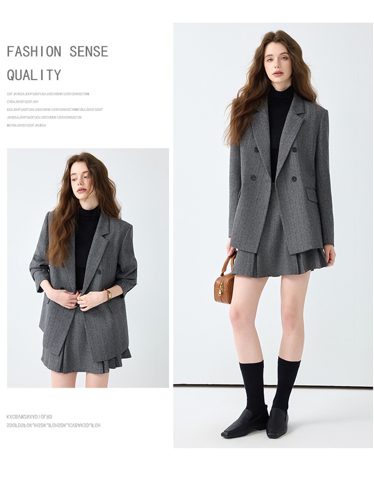 Grauer Blazer für Damen, Frühjahr/Herbst 2025 – Neues, lässiges und hochwertiges Business-Set in kleinen Größen mit Faltenrock_voghion.com