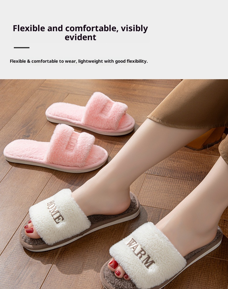 Zees Fairy Peak Creative Embroidery Ins Warm Women's Winter One-Word Furry Cotton Home Indoor Wooden Floor Non-Slip Slippers_voghion.com