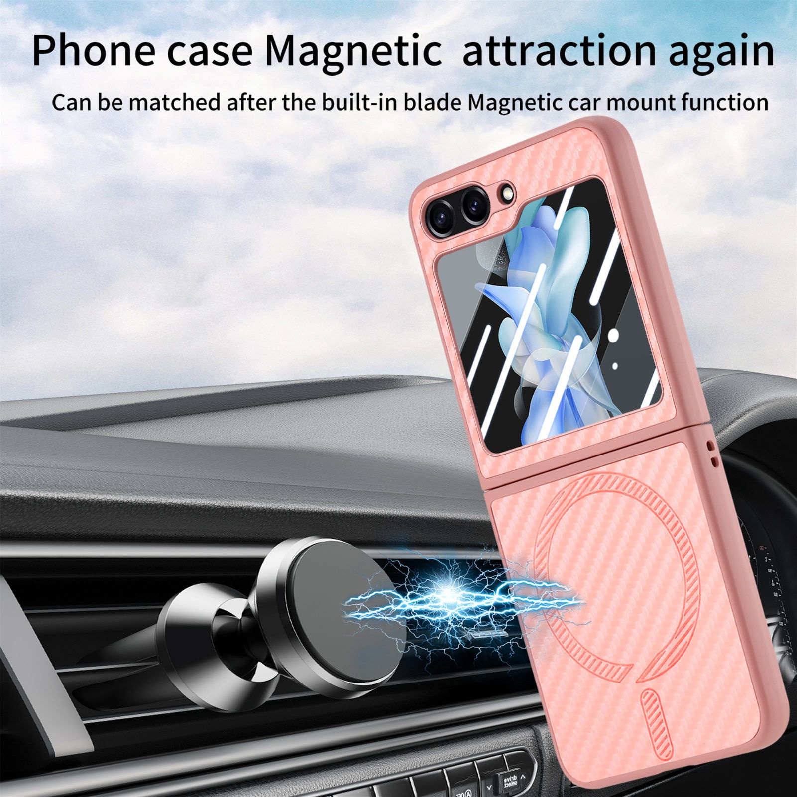 TechGlobe compatibile con Samsung ZFlip6 con motivo in fibra di carbonio, pellicola di ricarica wireless magnetica per telefono integrata, custodia ZFlip5 in scatola_voghion.com