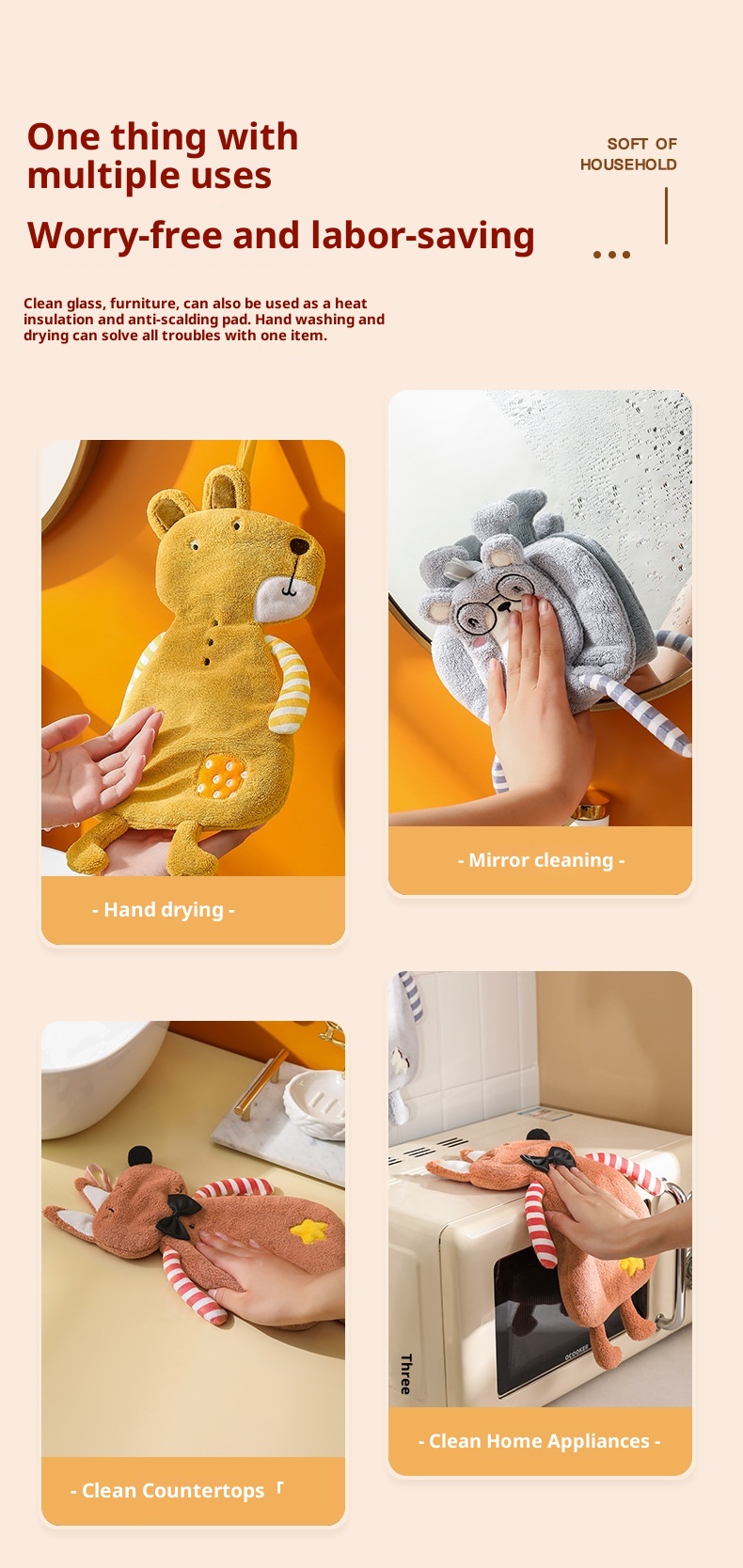 Lillian Cartoon Animal Shaped Coral Fleece Hand Bathroom Hanging Absorbent Kitchen Thick Embroidered Square Towel Cross-Border_voghion.com