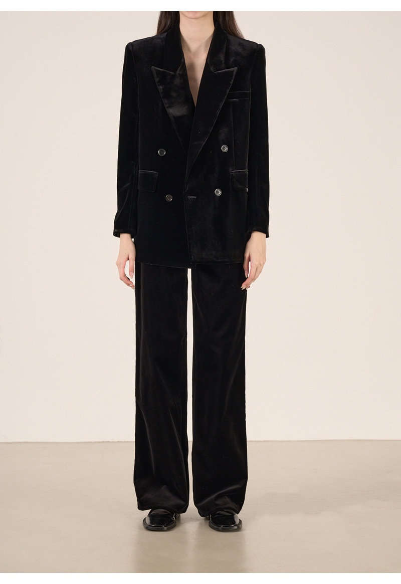 girl Girl YIMENG Light High-End Feel Black Velvet Peak Lapel Women's Blazer Waist-Cinching Vest Straight-Leg Pants Suit_voghion.com