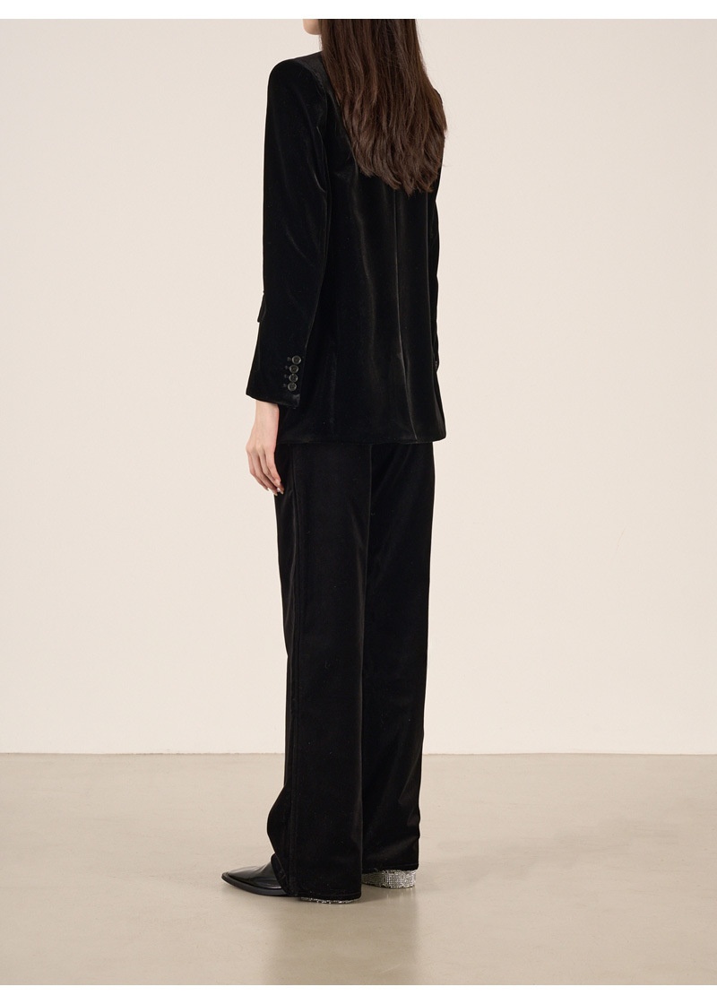 girl Girl YIMENG Light High-End Feel Black Velvet Peak Lapel Women's Blazer Waist-Cinching Vest Straight-Leg Pants Suit_voghion.com