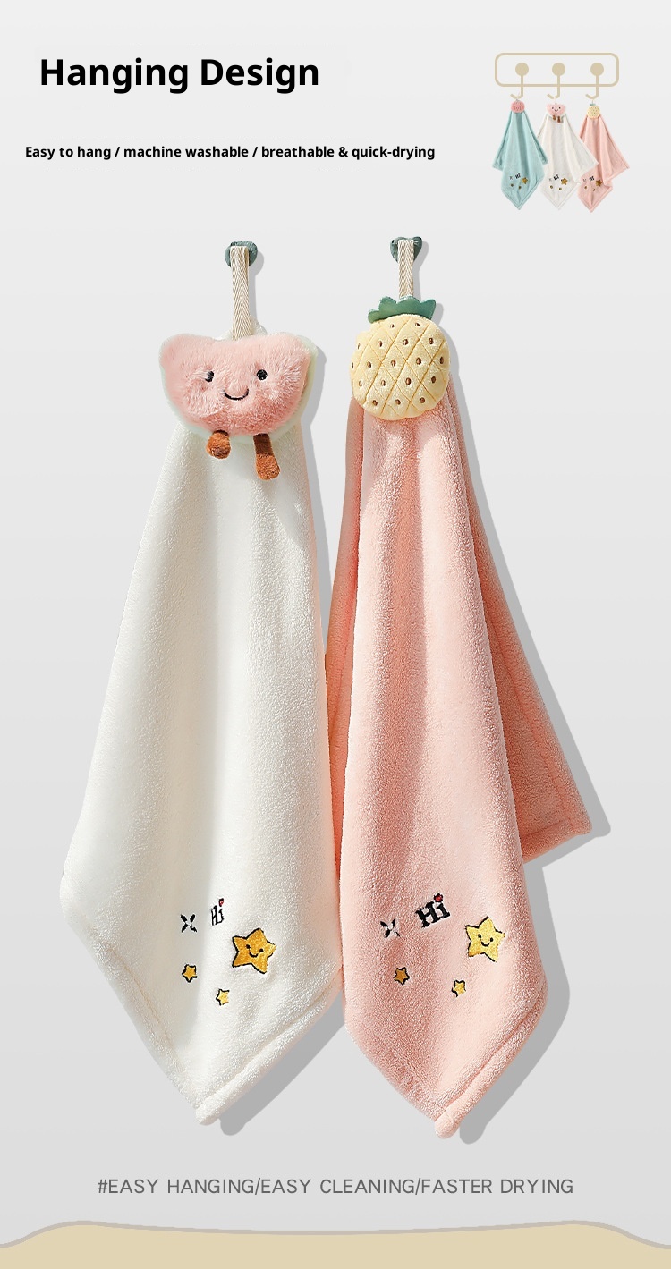Lillian Thick Coral Fleece Plush Hanging Absorbent Cute Handkerchief Embroidered Hand Cloth Square Towel_voghion.com