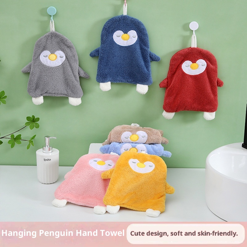Lillian Cross-Border Source Cute Cartoon Coral Fleece Hand Bathroom Cloth Penguin Hanging Children's Face Towel_voghion.com