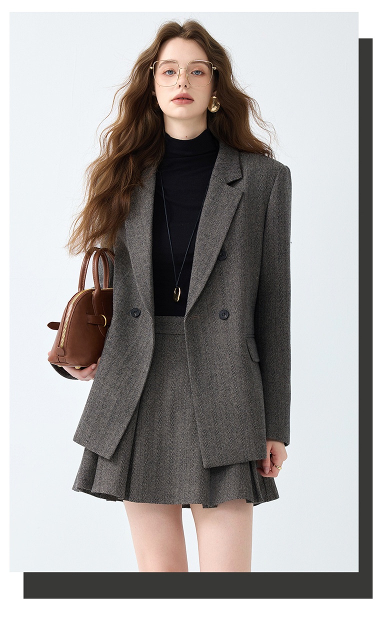 Grauer Blazer für Damen, Frühjahr/Herbst 2025 – Neues, lässiges und hochwertiges Business-Set in kleinen Größen mit Faltenrock_voghion.com