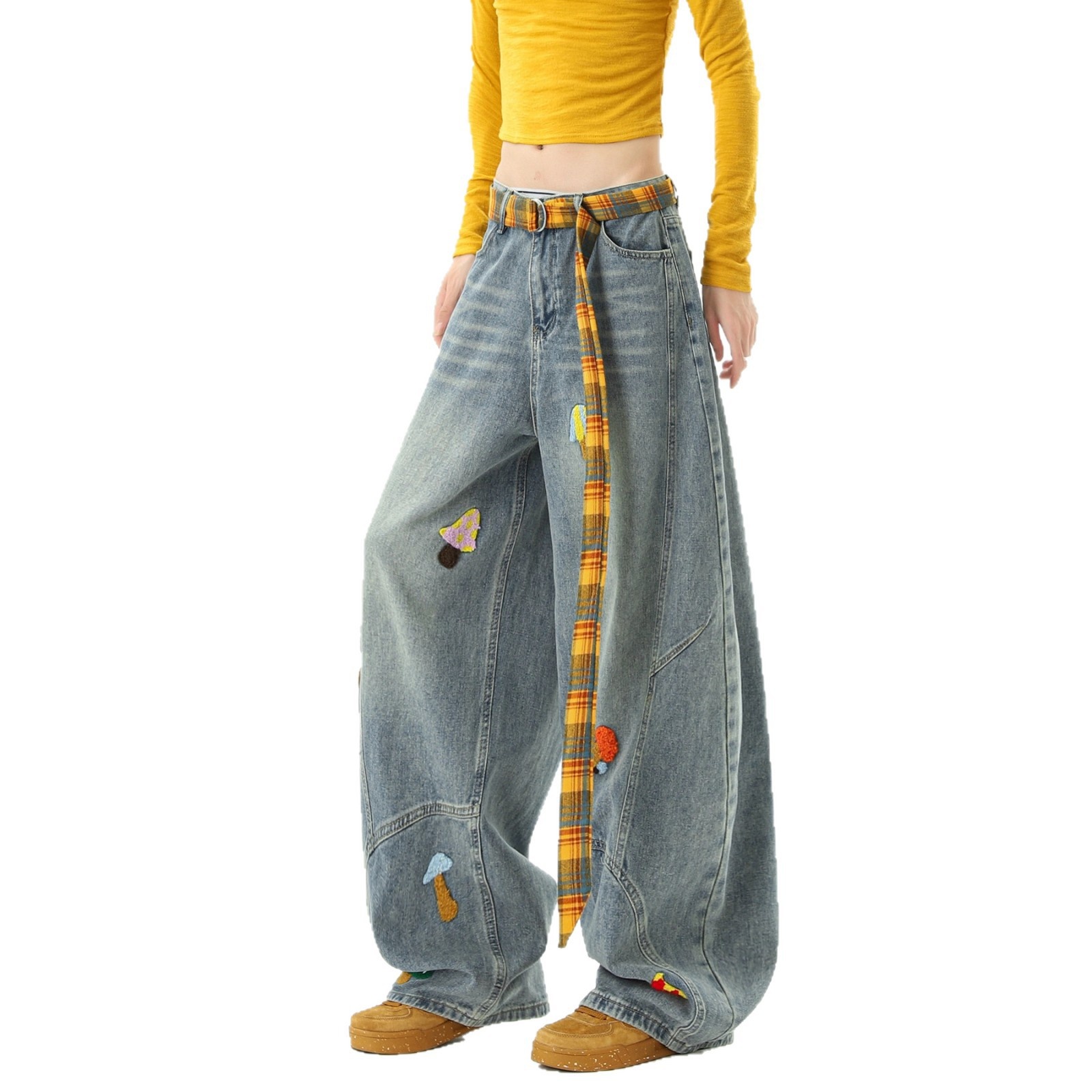 boy Boy American Style Deconstructed Towel Embroidered Jeans Men And Women, Loose Fit Washed Scimitar Pants, Unique Design_voghion.com