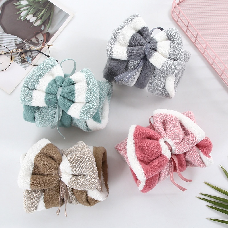 Lillian Coral Fleece Wide Ribbon Bow Kitchen Bathroom Hand Soft Absorbent Hanging Towel Cloth_voghion.com