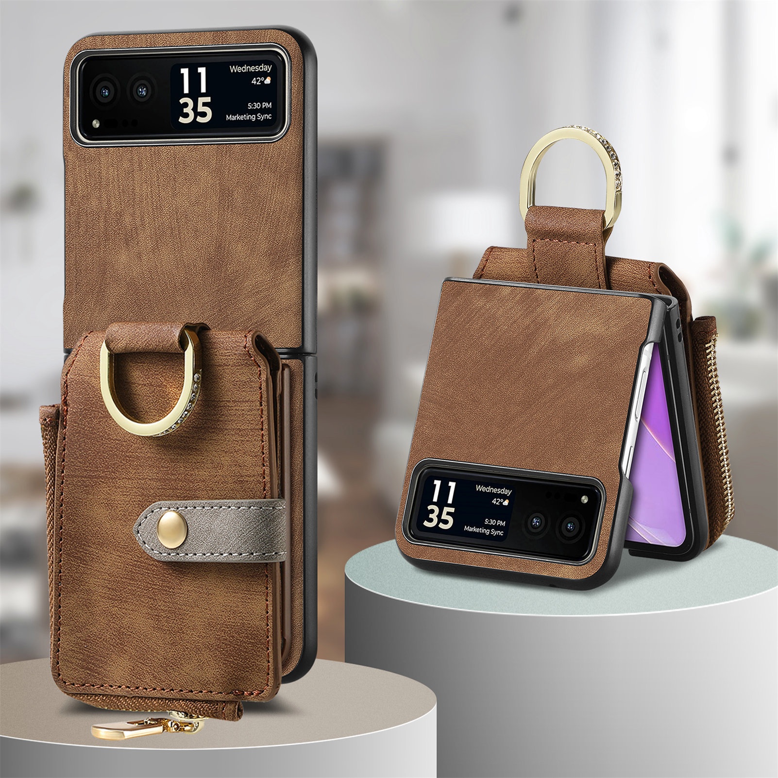 TechGlobe Cross-Border kompatible Moto Ultra Leder-Handyhülle mit mehreren Kartenfächern, Ring, PU-Kartenhalter, faltbar, Razr 60_voghion.com