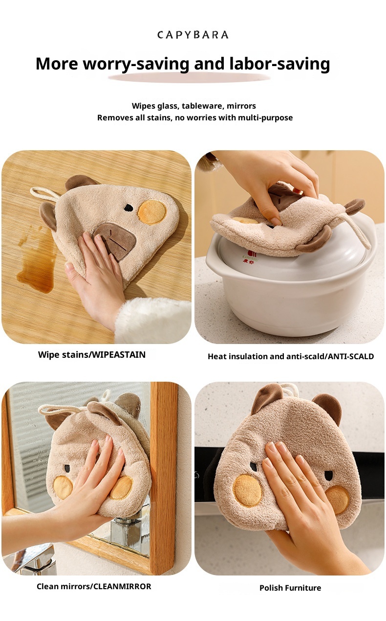 Lillian Capybara Coral Fleece Absorbent Quick-Dry Cartoon Children's Hanging Bathroom Hand Cloth Handkerchief Towel Cute_voghion.com