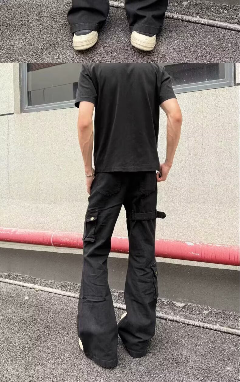 Jean cargo évasé à lacets noir pour homme, collection printemps-automne, style américain tendance, coupe slim et jambes pattes d'éléphant._voghion.com