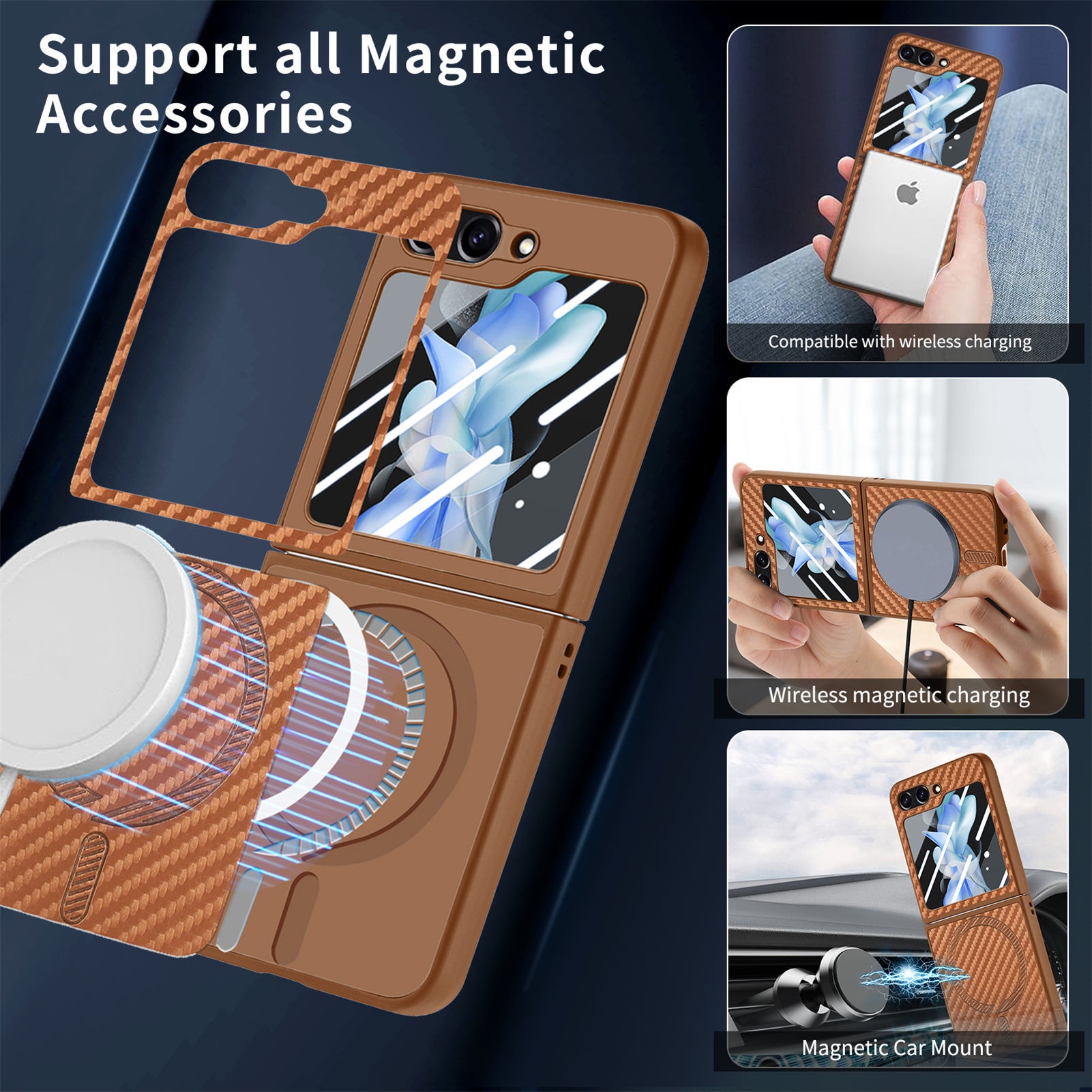 TechGlobe compatibile con Samsung ZFlip6 con motivo in fibra di carbonio, pellicola di ricarica wireless magnetica per telefono integrata, custodia ZFlip5 in scatola_voghion.com