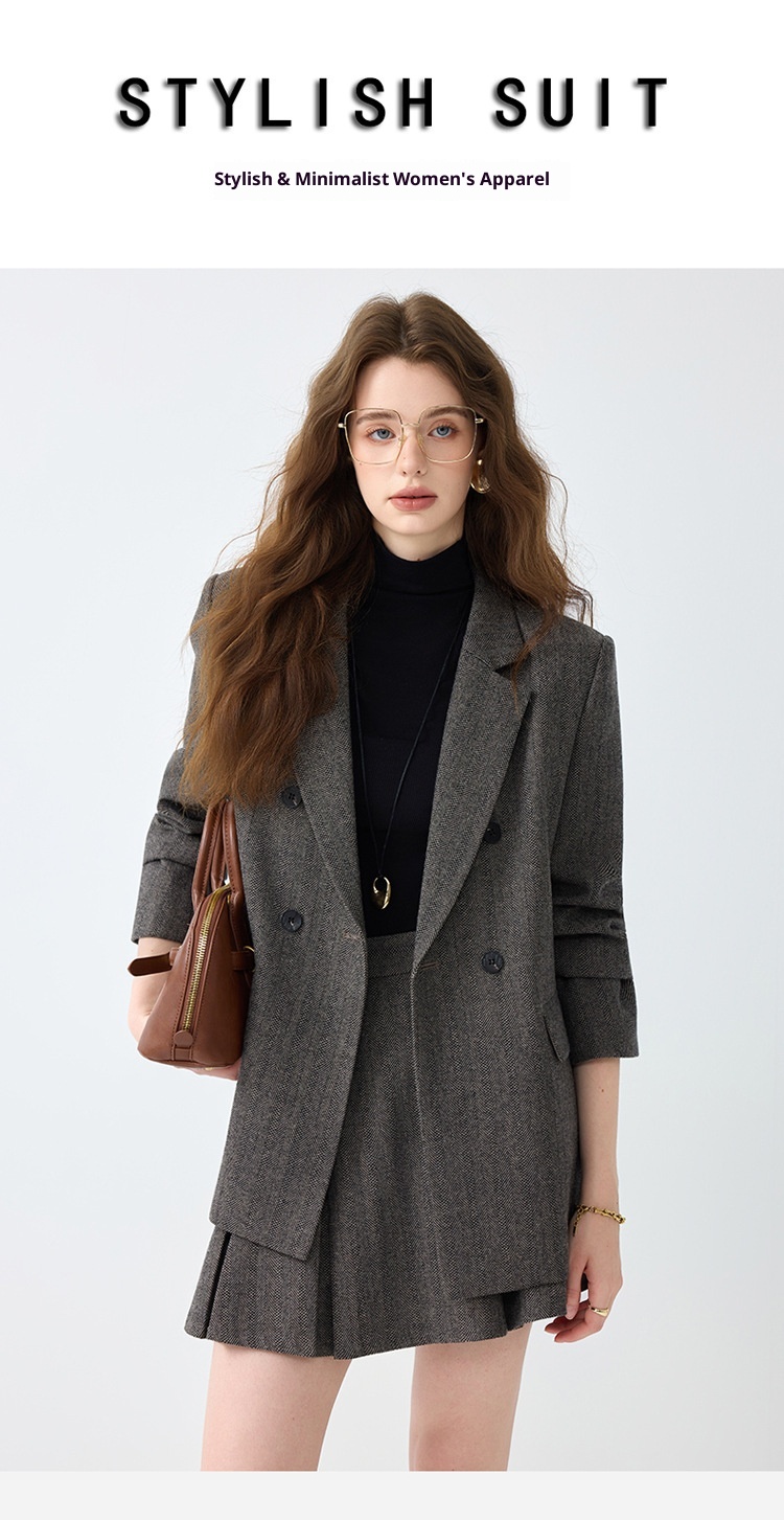Grauer Blazer für Damen, Frühjahr/Herbst 2025 – Neues, lässiges und hochwertiges Business-Set in kleinen Größen mit Faltenrock_voghion.com