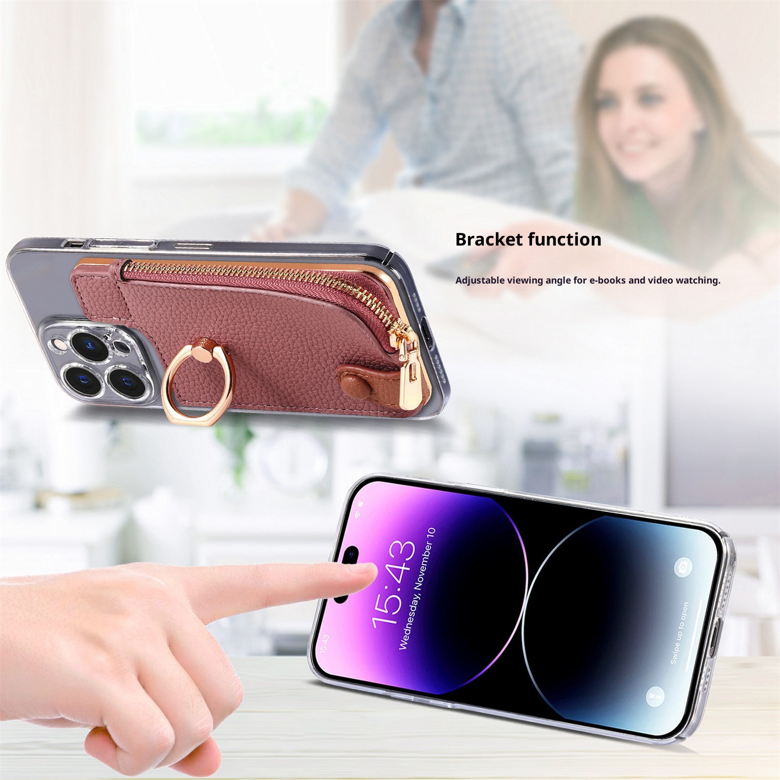 Portafoglio da polso in pelle con clip per monete e adesivo posteriore TechGlobe, porta carte d'identità antifurto RFID_voghion.com