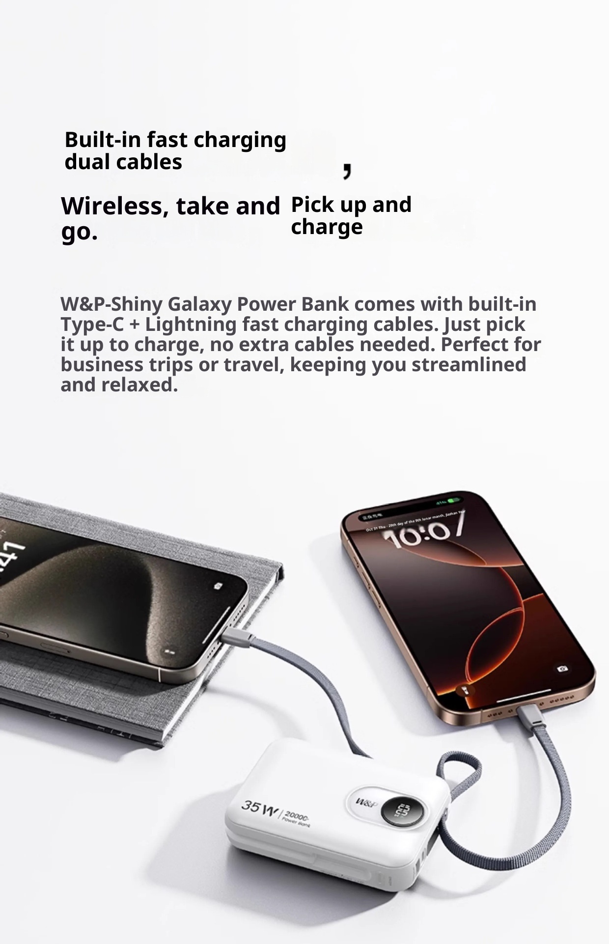 techglobe W&P Power Bank With Built-in Cable, Compact And Portable, Ultra-Thin, 2W MAh Large Capacity, 45W Fast Charging, Airplane_voghion.com