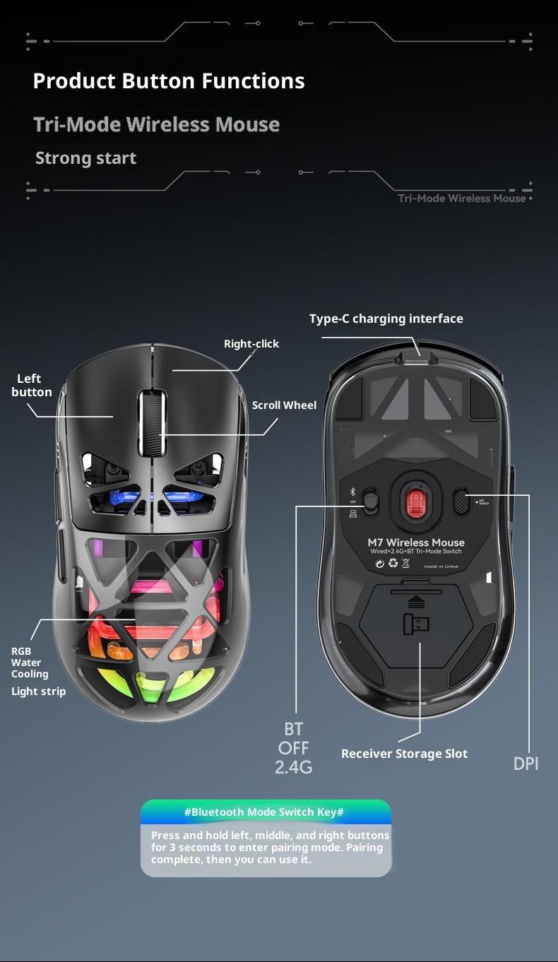 Souris de jeu sans fil Bluetooth Techglobe M7 légère à trois modes de chargement (vente en gros)_voghion.com