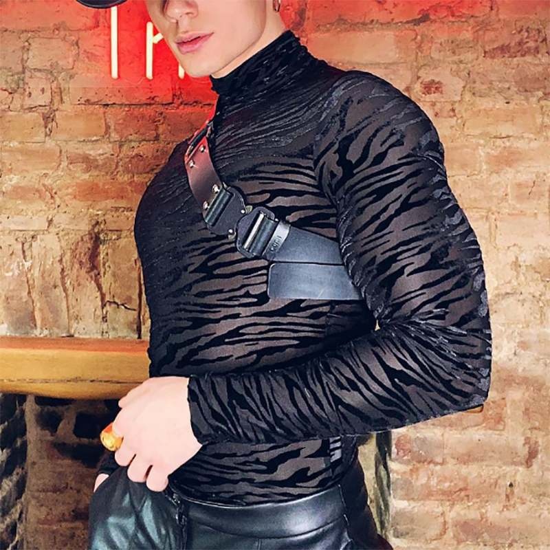 QFV507045555501<2 Cross-Border Spring Thin Zebra Pattern Stretch Inner Layer Base Shirt European And American Men's See-Through Tight High_voghion.com