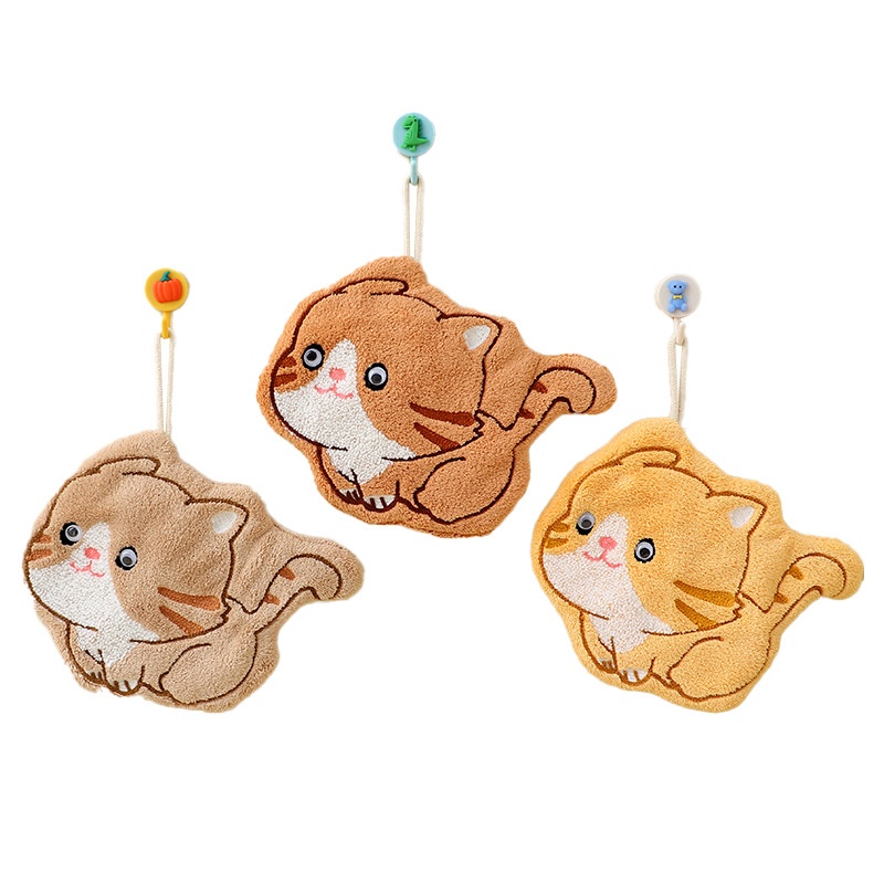 Lillian Factory In-Stock Cartoon Kitten Coral Fleece Hanging Hand Towel Bathroom Kitchen Cloth Wholesale_voghion.com