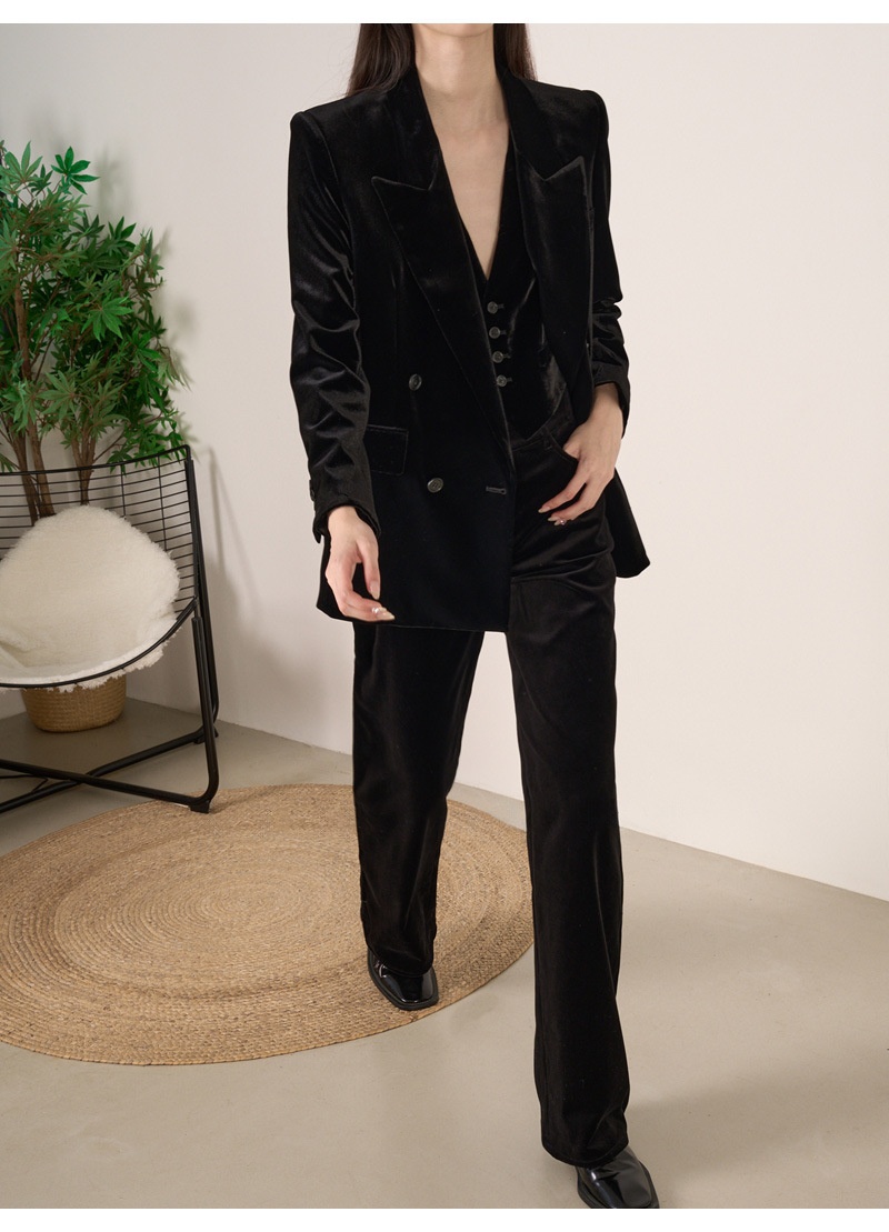 girl Girl YIMENG Light High-End Feel Black Velvet Peak Lapel Women's Blazer Waist-Cinching Vest Straight-Leg Pants Suit_voghion.com