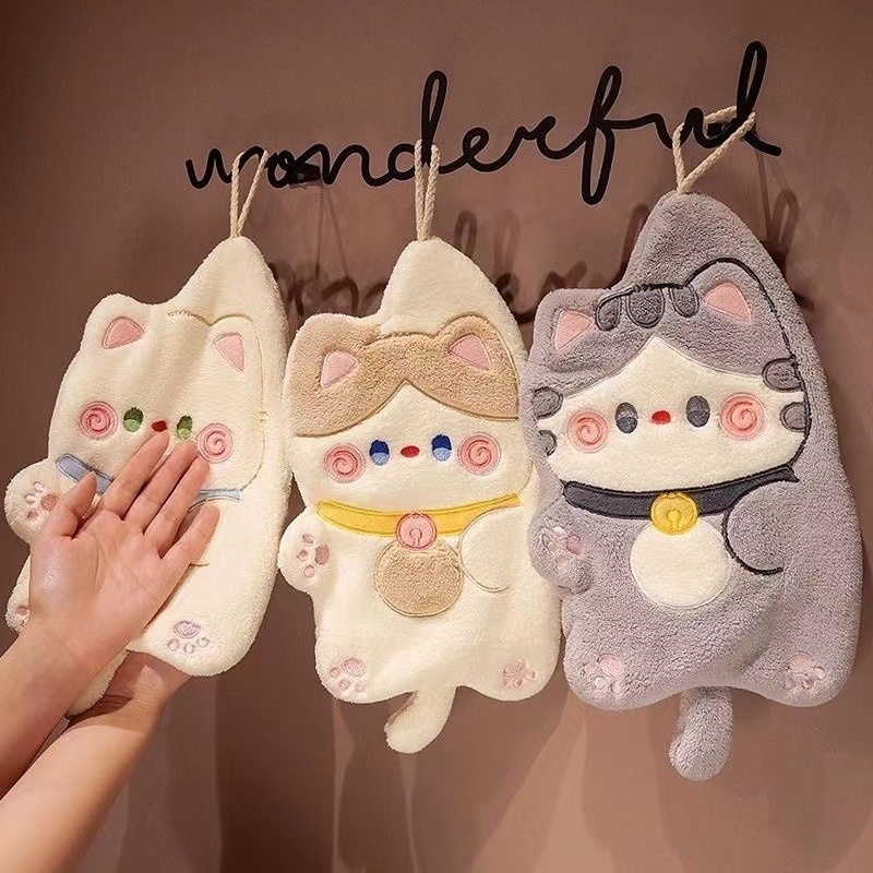 Lillian Cat Cute Hanging Coral Fleece Absorbent Small Kitchen Cloth Children's Hand Towel_voghion.com