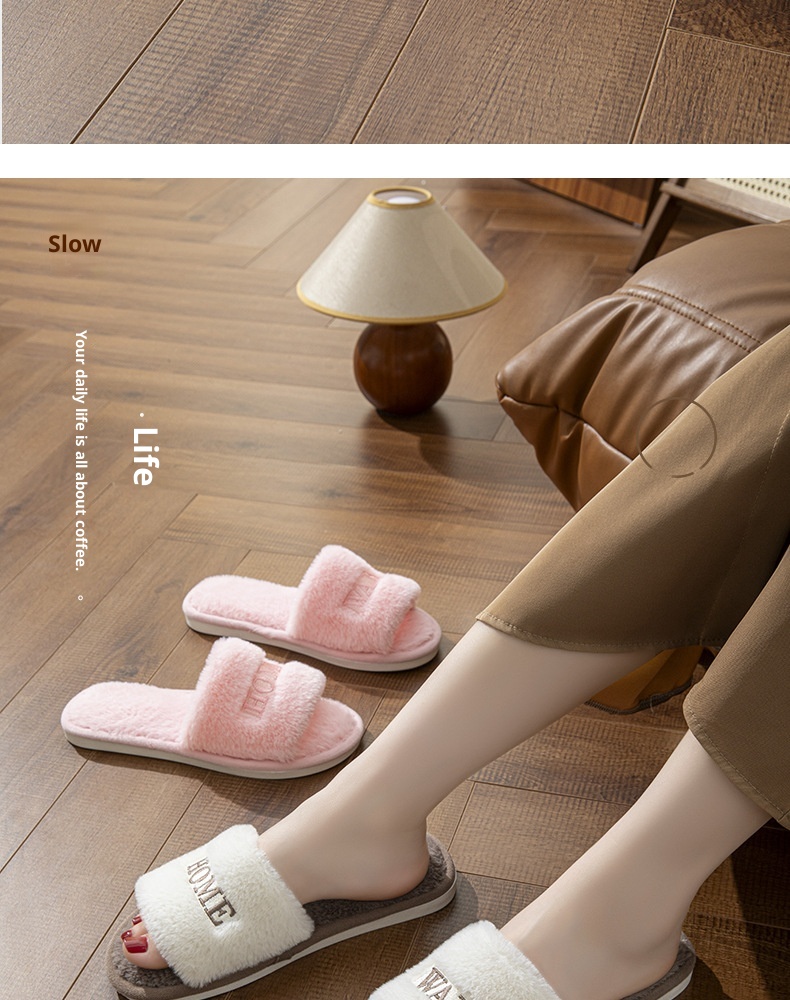 Zees Fairy Peak Creative Embroidery Ins Warm Women's Winter One-Word Furry Cotton Home Indoor Wooden Floor Non-Slip Slippers_voghion.com