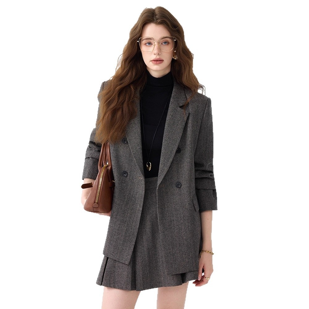 Grauer Blazer für Damen, Frühjahr/Herbst 2025 – Neues, lässiges und hochwertiges Business-Set in kleinen Größen mit Faltenrock_voghion.com