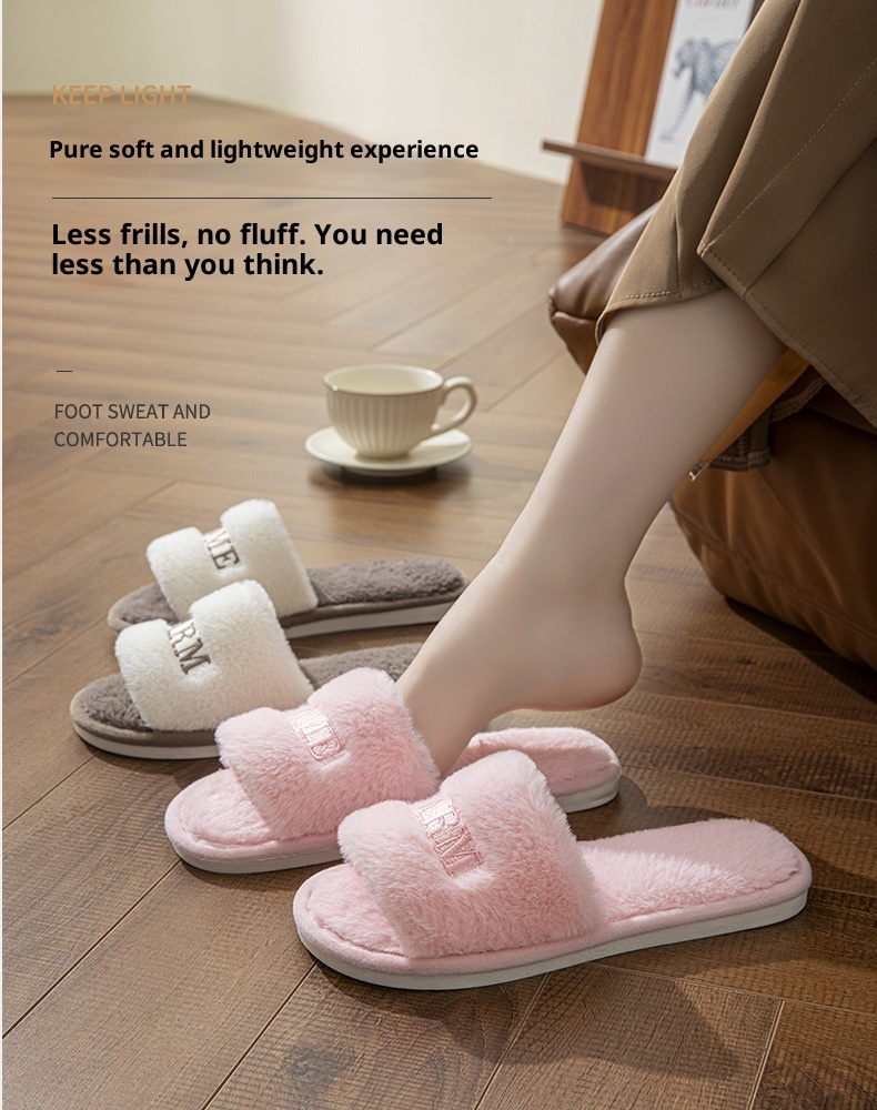 Zees Fairy Peak Creative Embroidery Ins Warm Women's Winter One-Word Furry Cotton Home Indoor Wooden Floor Non-Slip Slippers_voghion.com