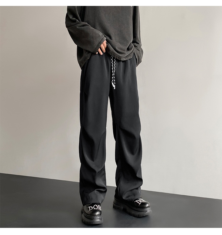boy Wrinkled Draped Casual Men Summer New Trendy Loose Wide-Leg Ice Silk High-End Paratrooper Cargo Pants_voghion.com