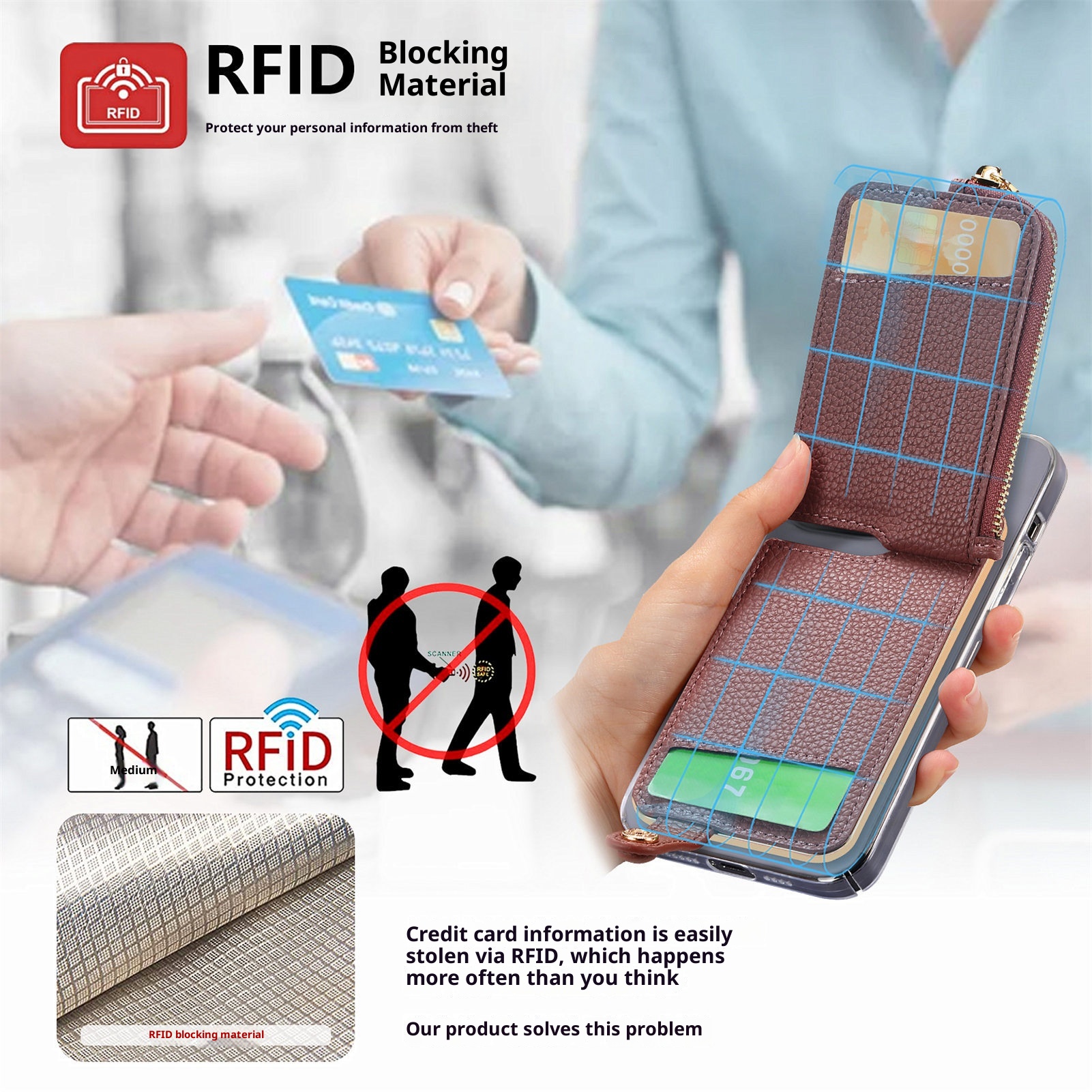 Portafoglio da polso in pelle con clip per monete e adesivo posteriore TechGlobe, porta carte d'identità antifurto RFID_voghion.com