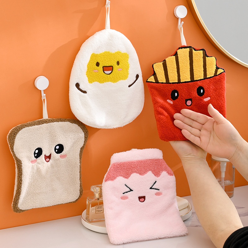 Lillian French Fries Family Hanging Hand Absorbent, Large And Thick, Odorless Coral Fleece Square Towel, Kitchen Handkerchief_voghion.com