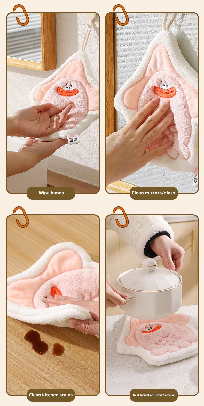 Lillian Cute Cartoon Hanging Three-Layer Thickened Coral Fleece Kitchen Bathroom Quick-Dry Hand Towel Handkerchief_voghion.com