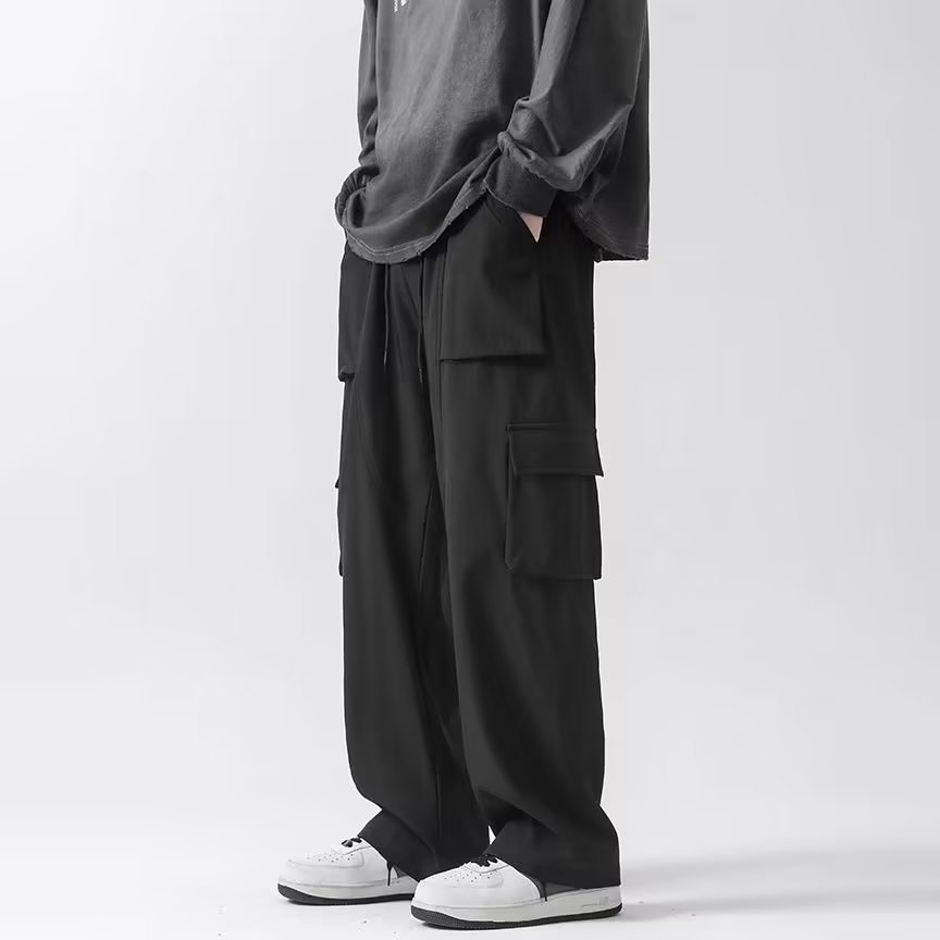 boy Black Cargo Casual 2023 Spring Autumn Versatile Stylish Wide-leg Sports Straight Pants For Men_voghion.com