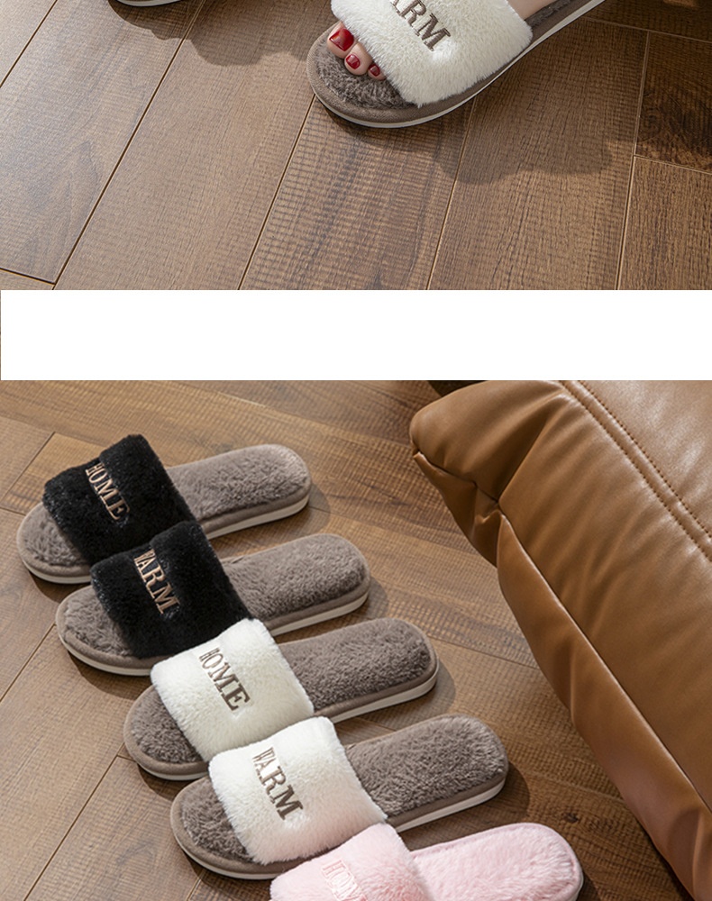 Zees Fairy Peak Creative Embroidery Ins Warm Women's Winter One-Word Furry Cotton Home Indoor Wooden Floor Non-Slip Slippers_voghion.com