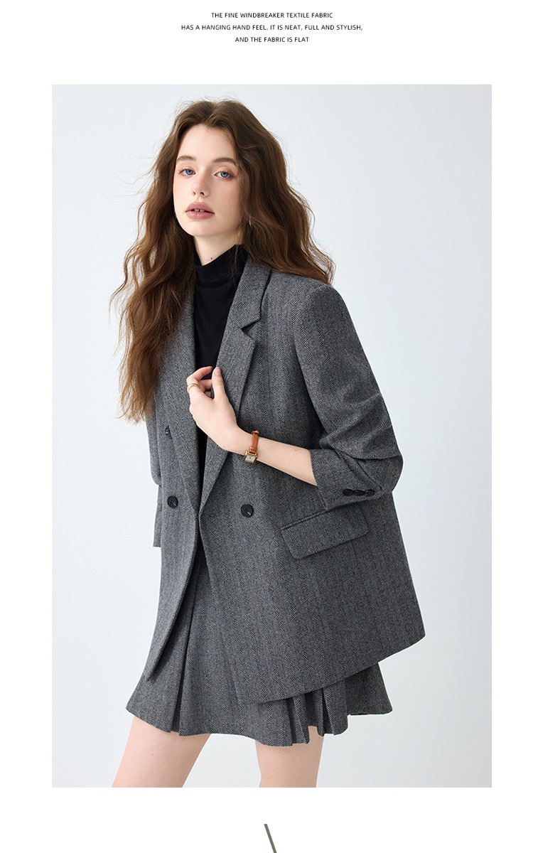 Grauer Blazer für Damen, Frühjahr/Herbst 2025 – Neues, lässiges und hochwertiges Business-Set in kleinen Größen mit Faltenrock_voghion.com