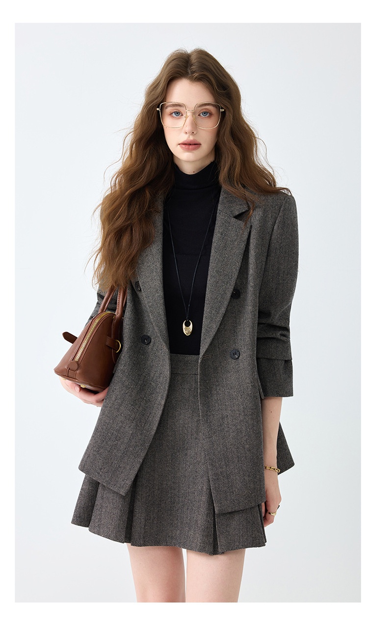 Grauer Blazer für Damen, Frühjahr/Herbst 2025 – Neues, lässiges und hochwertiges Business-Set in kleinen Größen mit Faltenrock_voghion.com