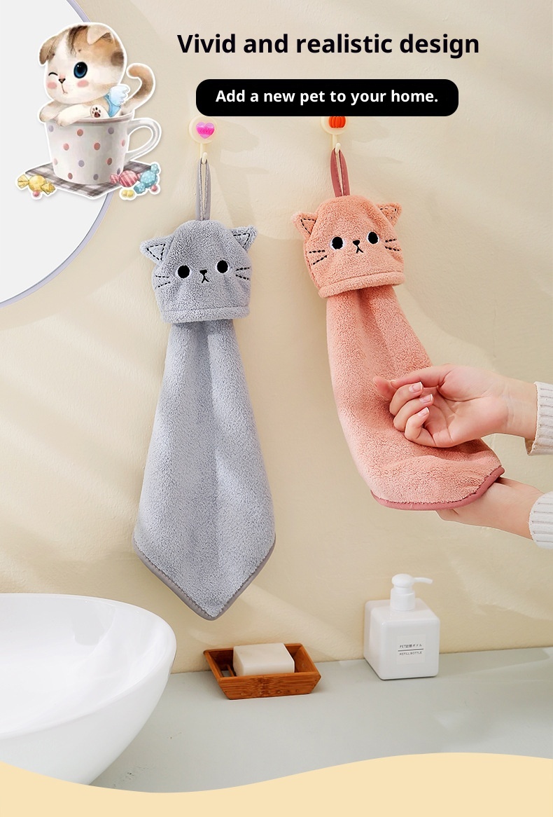 Lillian Korallenvlies Niedliches Katzen-Stickerei Hand Hängendes Saugfähiges Küchen-Badezimmer-Doppelverwendungs-Quadrathandtuch Großhandel_voghion.com