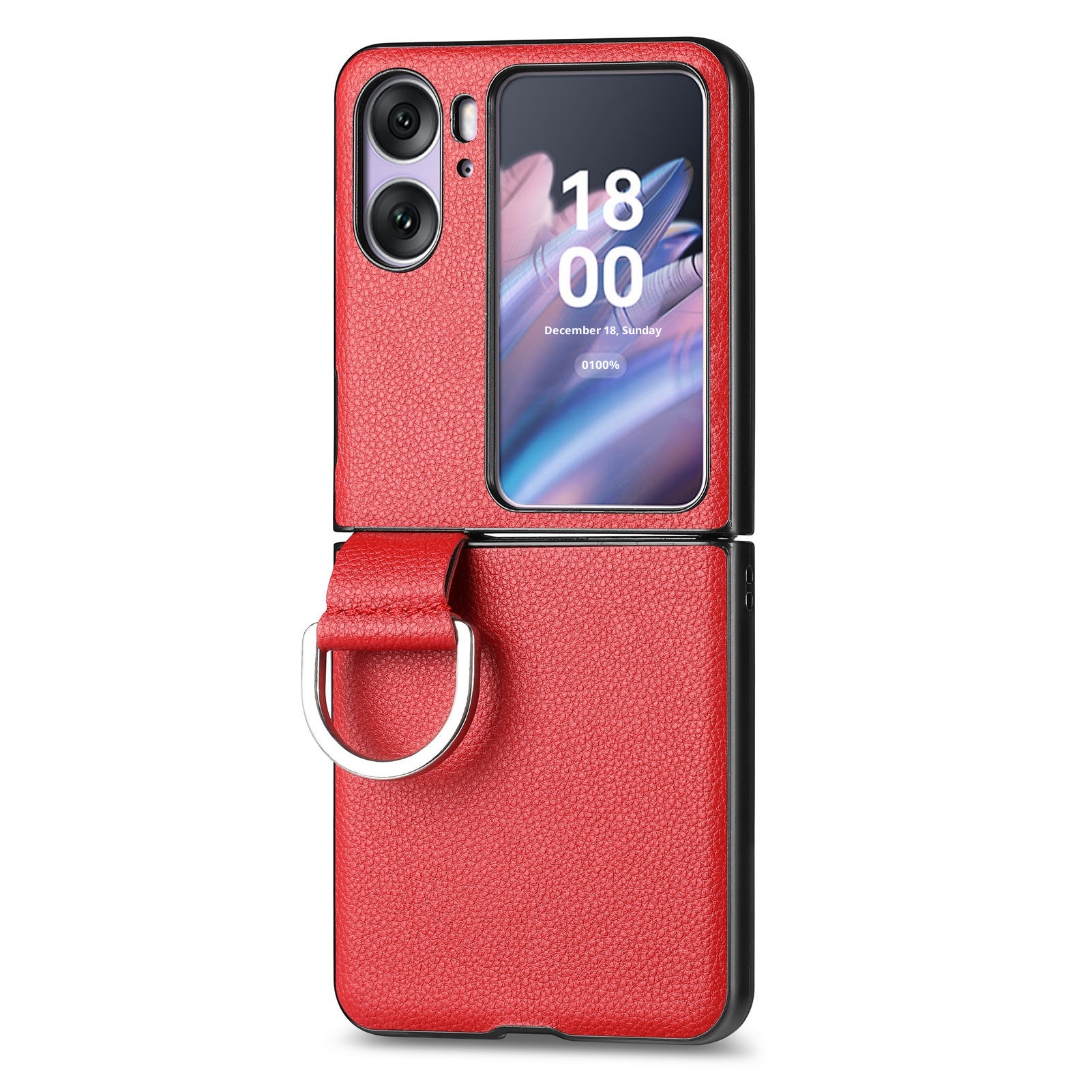 TechGlobe Compatibel met Oppo Find N3 Flip-telefoonhoesje Lychee-patroon Effen kleur Leren ringhouder Omhoog en omlaag vouwbaar scherm_voghion.com