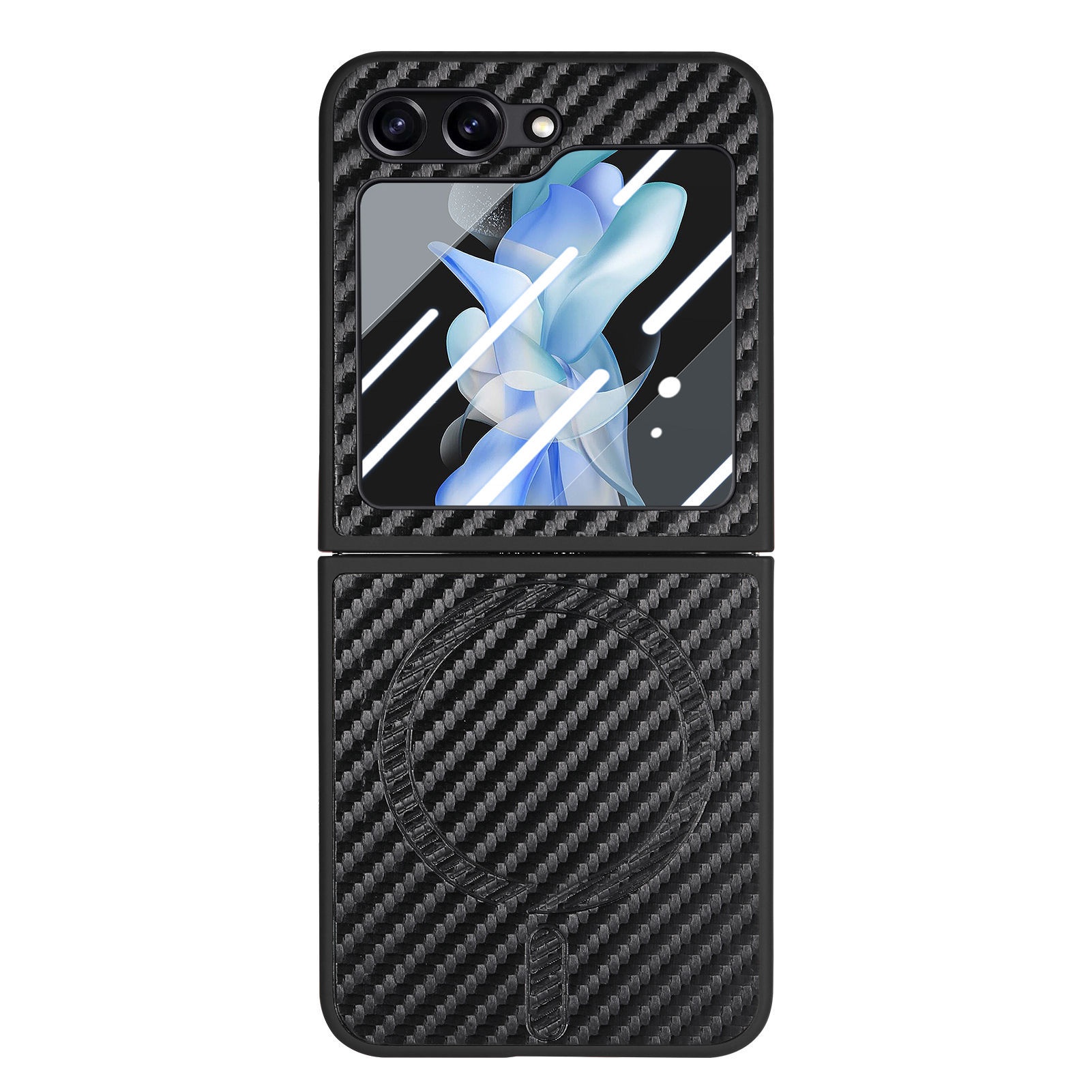 TechGlobe compatibile con Samsung ZFlip6 con motivo in fibra di carbonio, pellicola di ricarica wireless magnetica per telefono integrata, custodia ZFlip5 in scatola_voghion.com