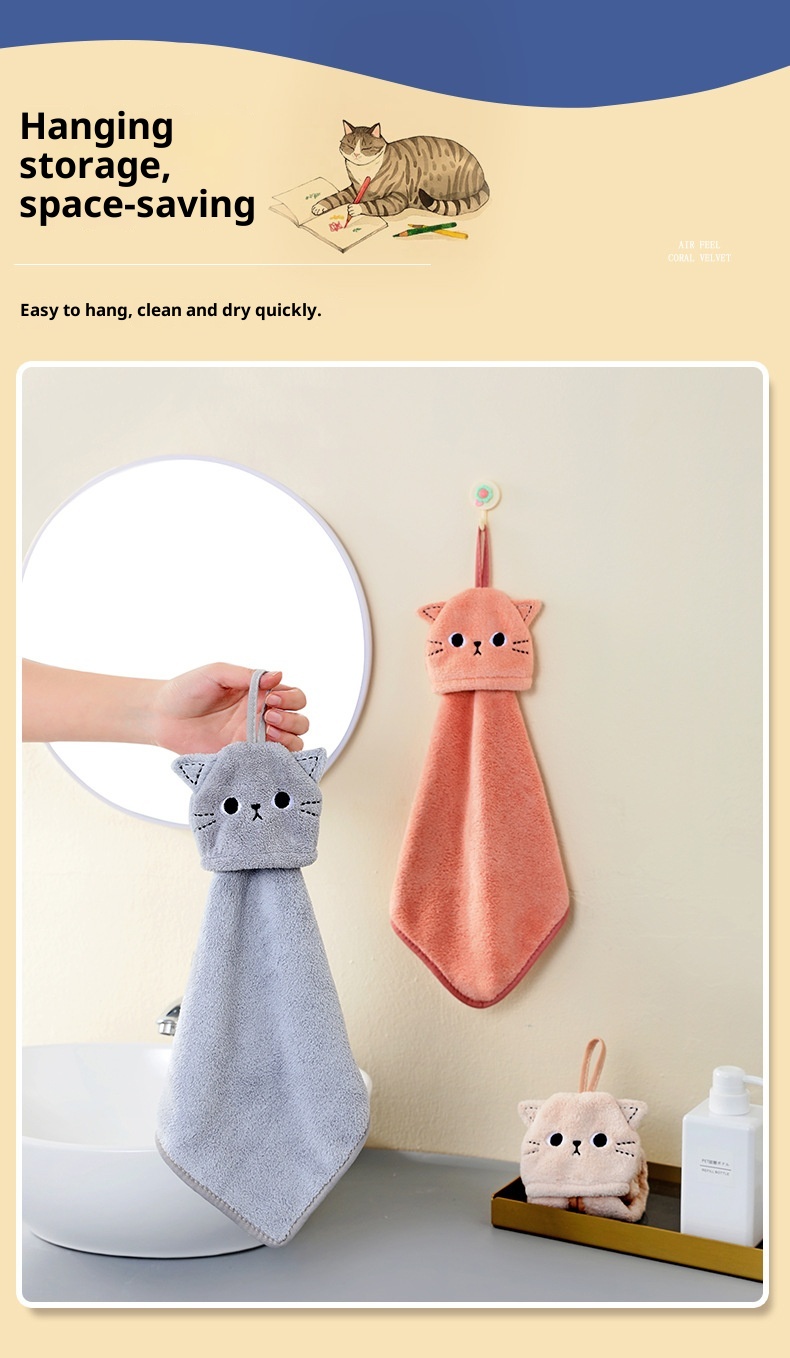 Lillian Korallenvlies Niedliches Katzen-Stickerei Hand Hängendes Saugfähiges Küchen-Badezimmer-Doppelverwendungs-Quadrathandtuch Großhandel_voghion.com