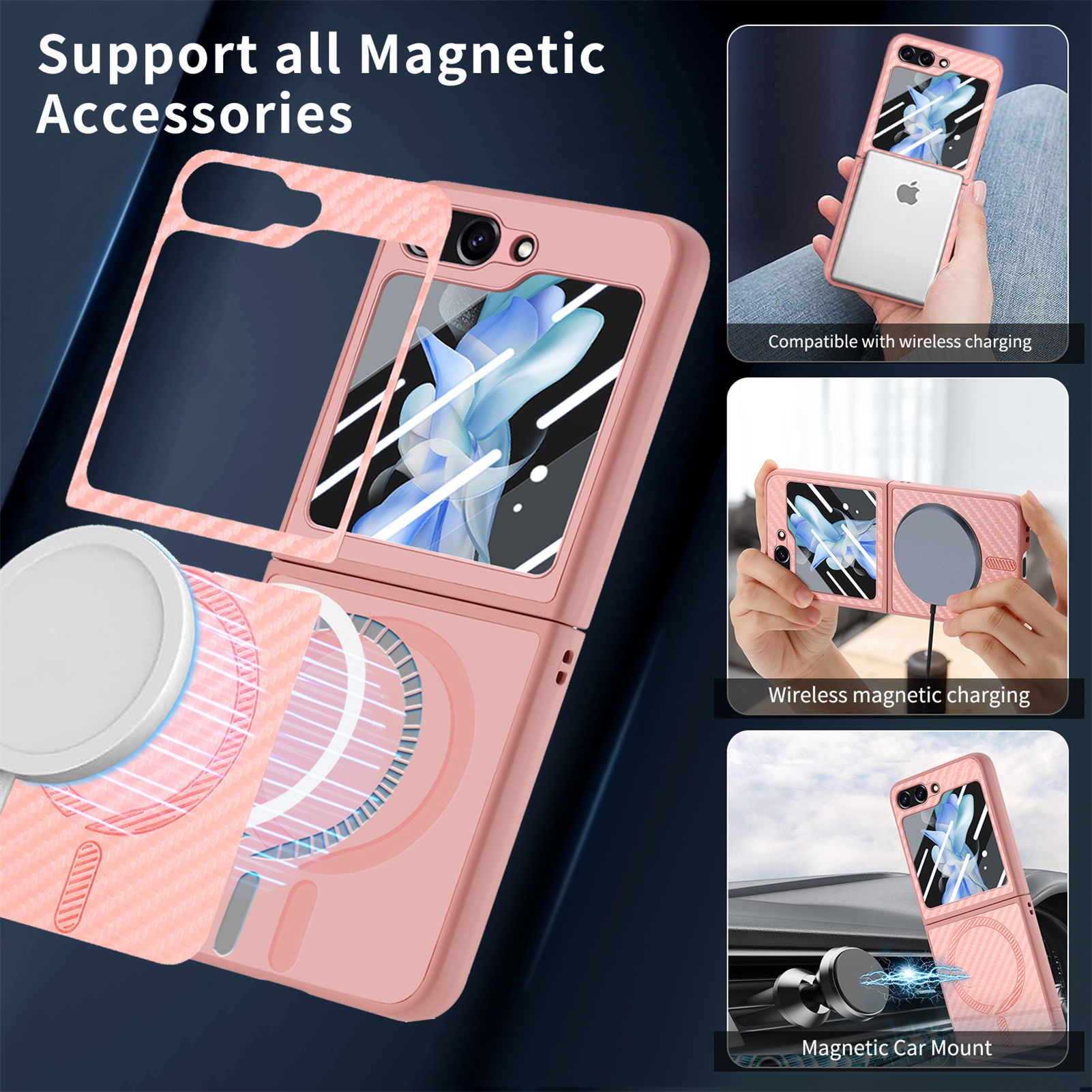 TechGlobe compatibile con Samsung ZFlip6 con motivo in fibra di carbonio, pellicola di ricarica wireless magnetica per telefono integrata, custodia ZFlip5 in scatola_voghion.com