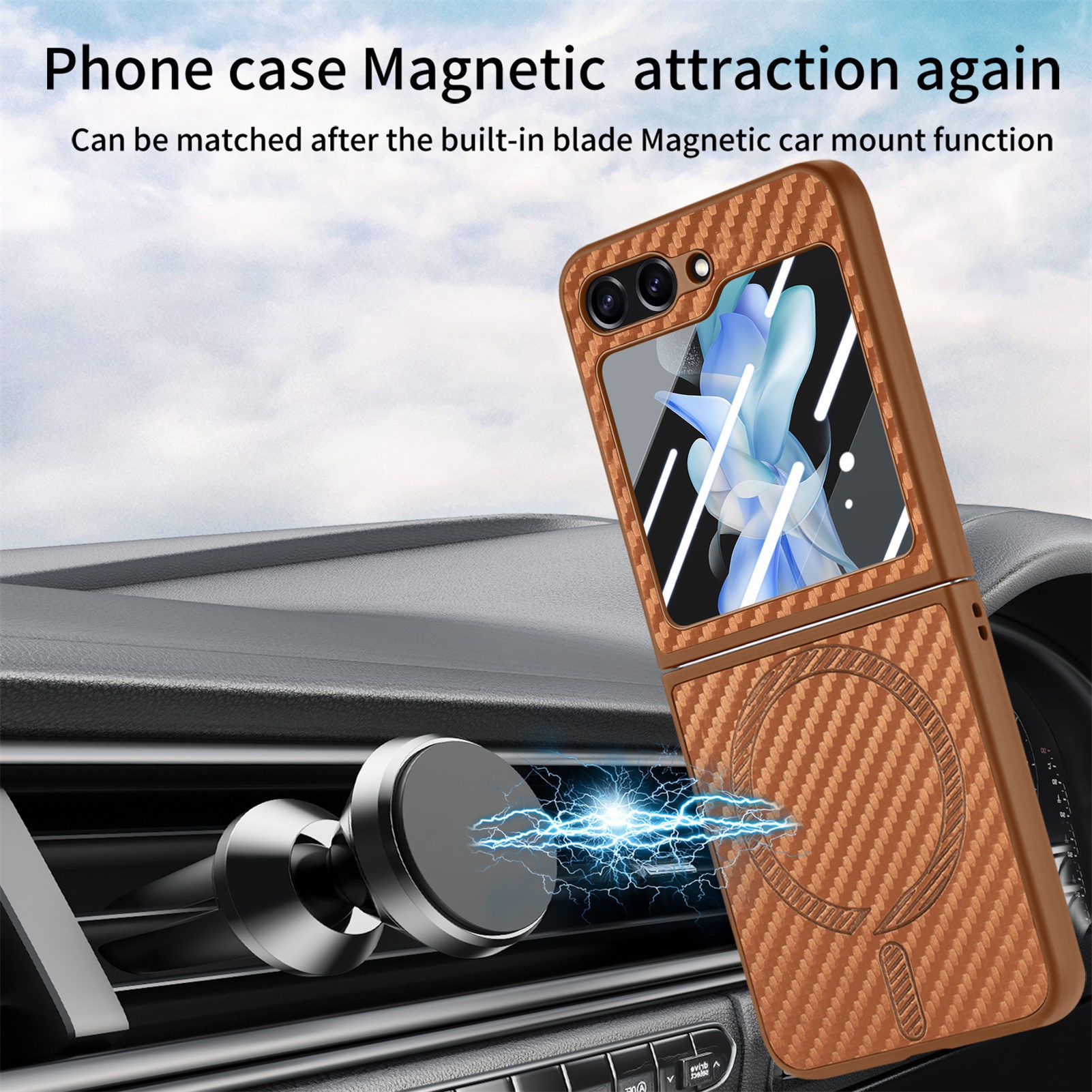 TechGlobe compatibile con Samsung ZFlip6 con motivo in fibra di carbonio, pellicola di ricarica wireless magnetica per telefono integrata, custodia ZFlip5 in scatola_voghion.com