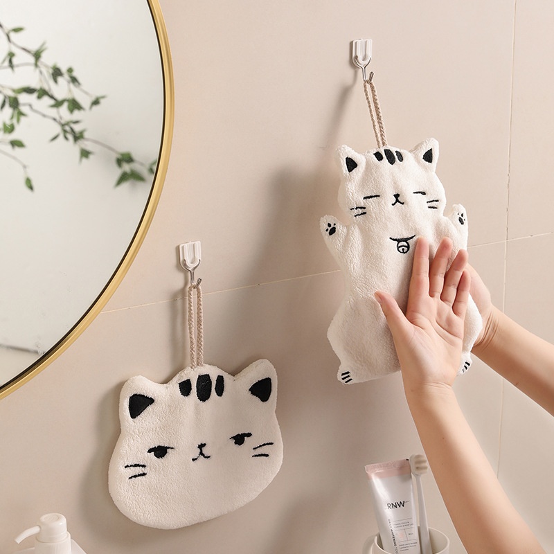Lillian Absorbent Cute Cat Bathroom Kitchen Hanging Non-Shedding Coral Fleece Small Hand Towel_voghion.com