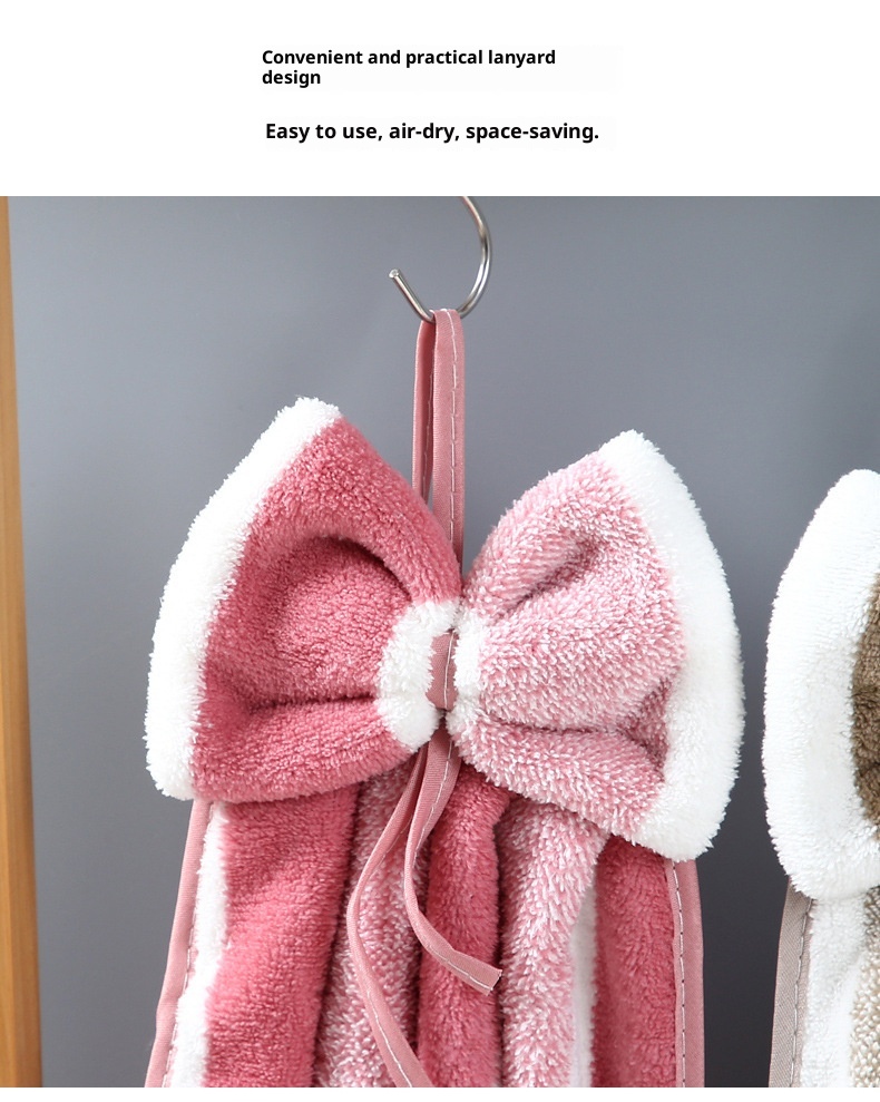 Lillian Coral Fleece Wide Ribbon Bow Kitchen Bathroom Hand Soft Absorbent Hanging Towel Cloth_voghion.com