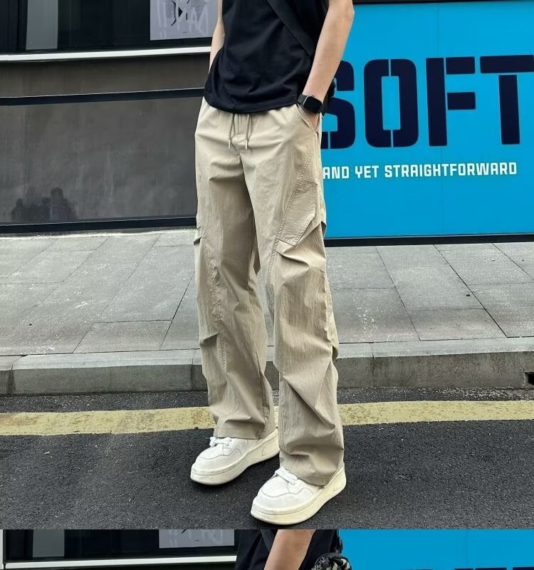 boy Light Gray Wrinkle Quick-Dry Men Summer Thin Paratrooper Cargo Pants American Style Straight-Leg Hiking Trousers_voghion.com