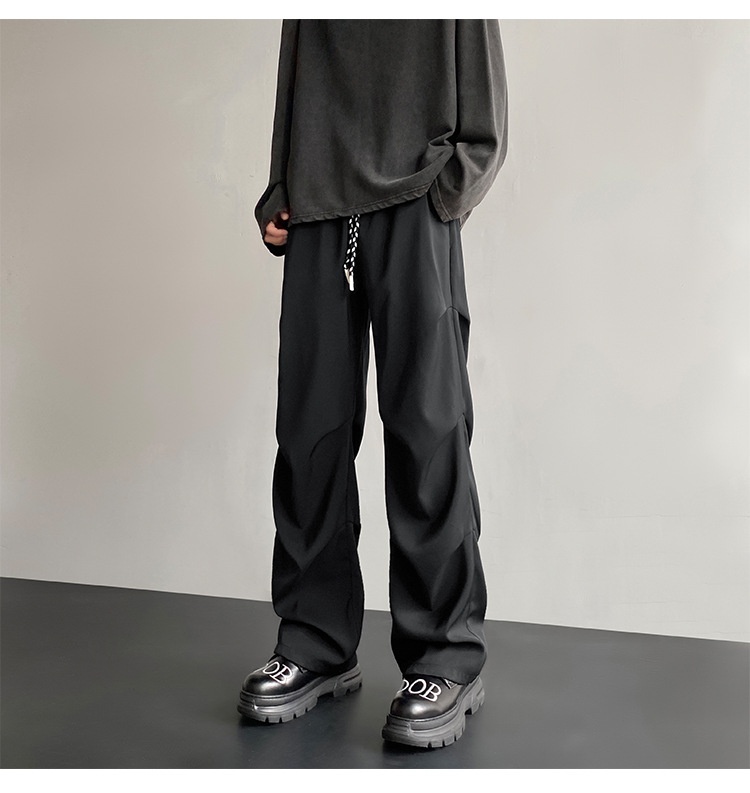 boy Wrinkled Draped Casual Men Summer New Trendy Loose Wide-Leg Ice Silk High-End Paratrooper Cargo Pants_voghion.com