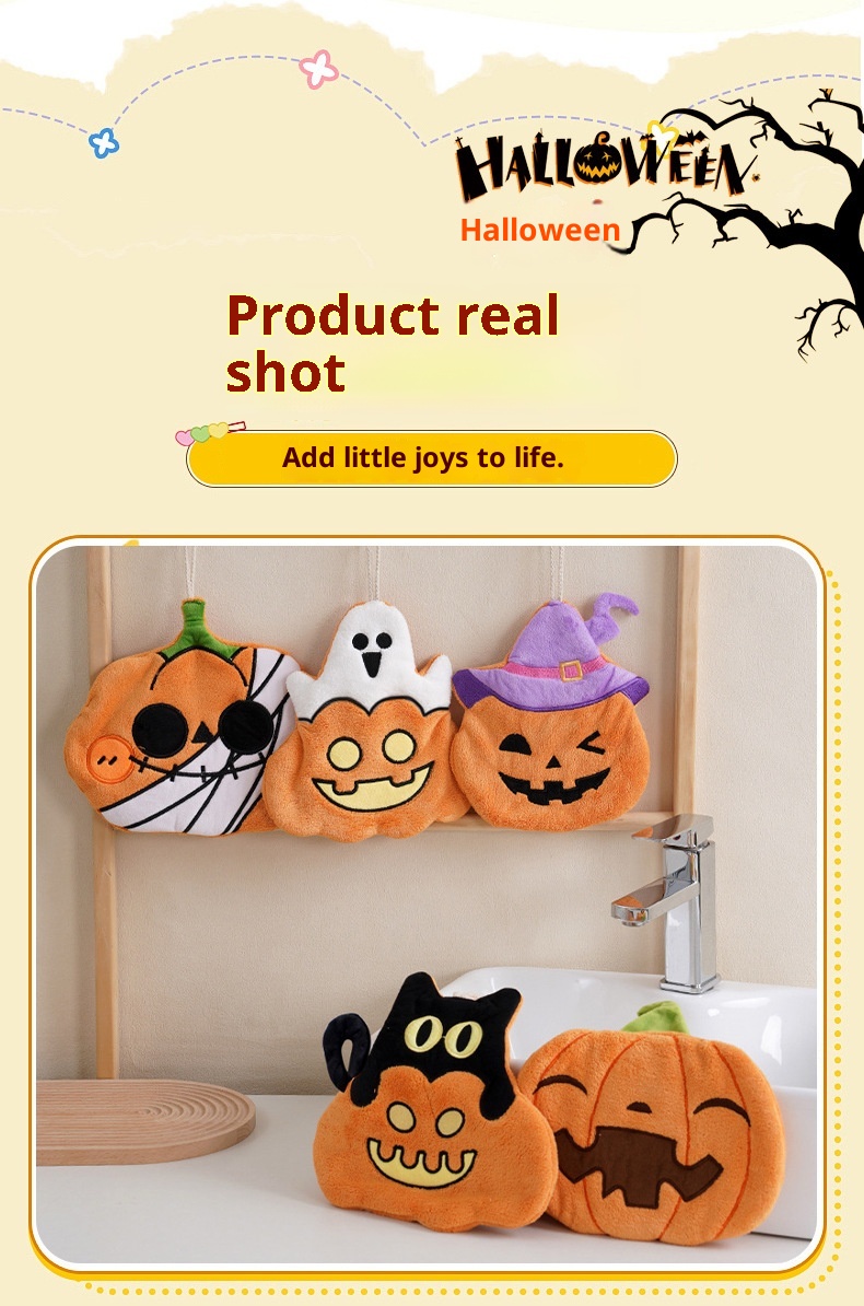 Lillian Cross-Border Halloween Cute Pumpkin Coral Fleece Hand Towel Hanging Kitchen Absorbent Quick-Dry Children's Gift_voghion.com
