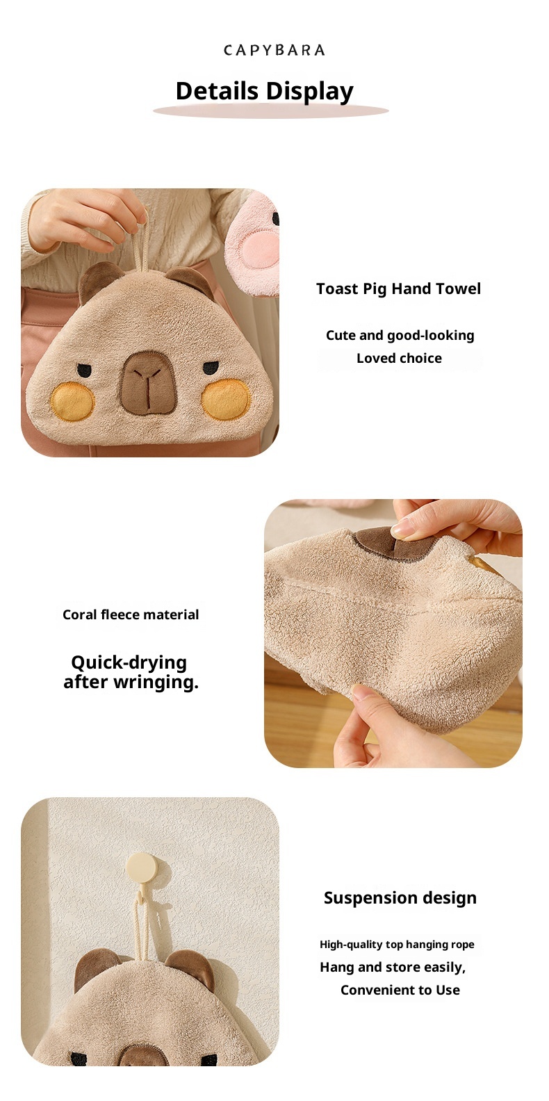 Lillian Capybara Coral Fleece Absorbent Quick-Dry Cartoon Children's Hanging Bathroom Hand Cloth Handkerchief Towel Cute_voghion.com